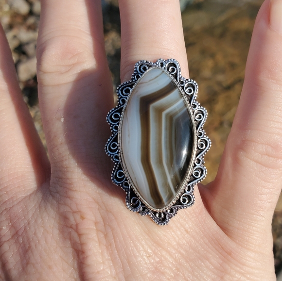 New Huge Botswana Agate Antique Design 925 Silver Statement Ring. - Picture 5 of 16